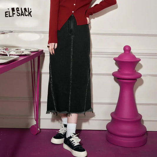 ELFSACK Long Straight Black Denim Skirt Women 2023 Spring Elegant Bottom