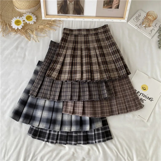 Korean Style Plaid Pleated Skirt Female Spring and Autumn High Waist Thin A-line Short Skirt Student Woolen 2022 NewSummer Skirt