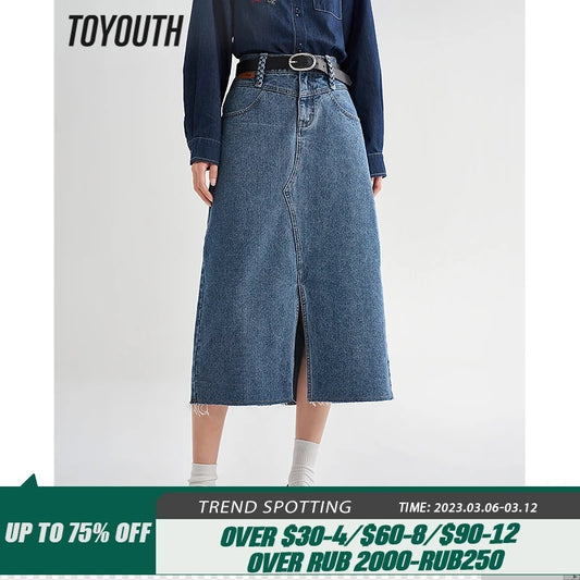 Toyouth Women Denim Skirt 2023 Spring A Line Back Waist Elastic Loose Split Hem Dark Blue Chic Casual Streetwear Midi Skirt
